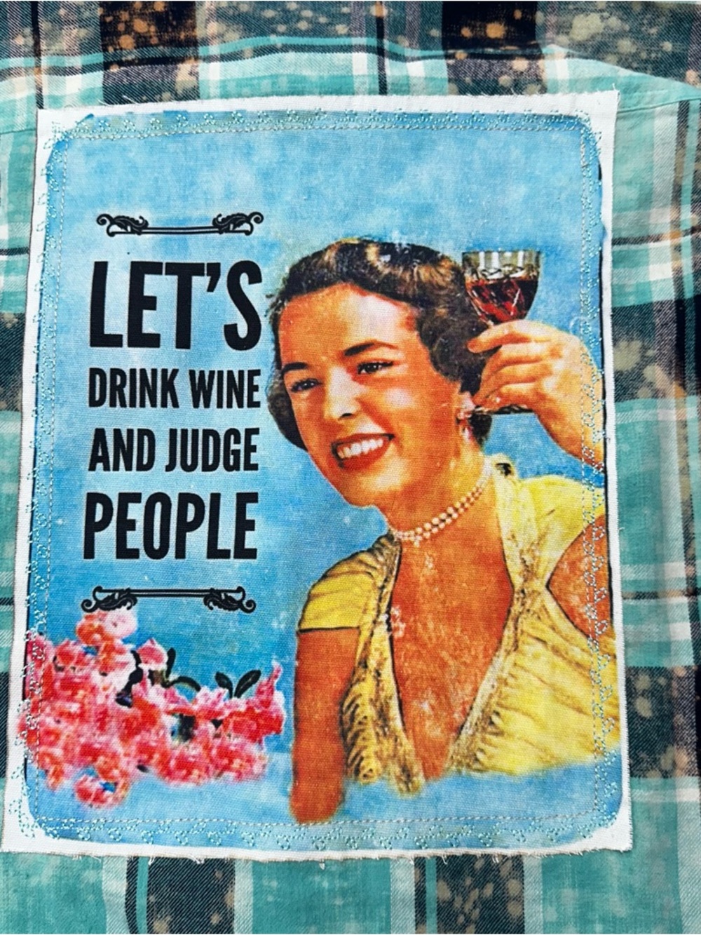 ANGRY MINNOW Mens Medium Teal Bleach Drink Wine Judge People L Flannel Shirt - Picture 8 of 8